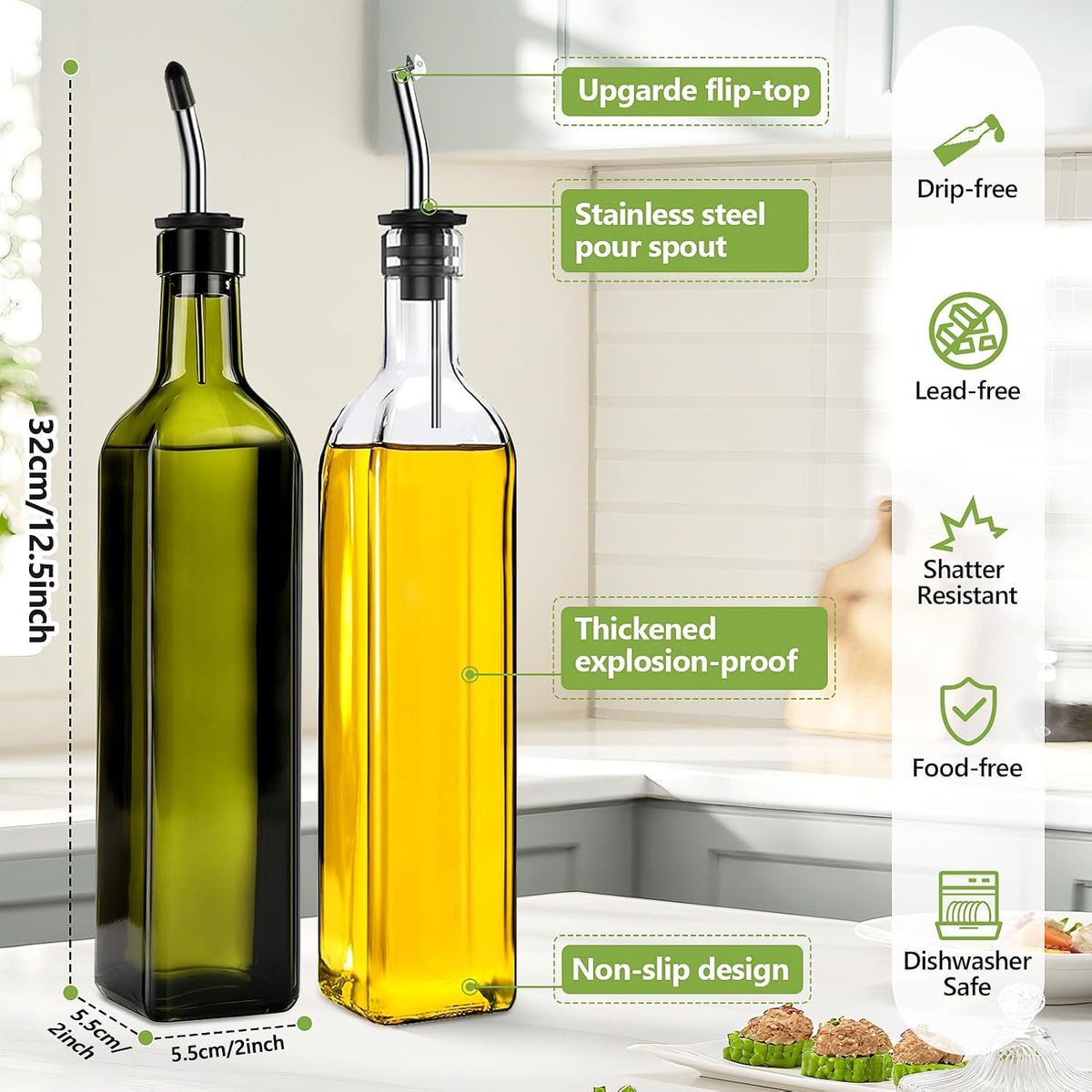 Leaflai Olive Oil Dispenser Bottle, Glass Olive Oil Dispenser and Vinegar Dispenser Set with Stainless Steel Pourers, 4 Labels,1 Brush and 1 Funnel Oil Bottles for Kitchen (500ml)
