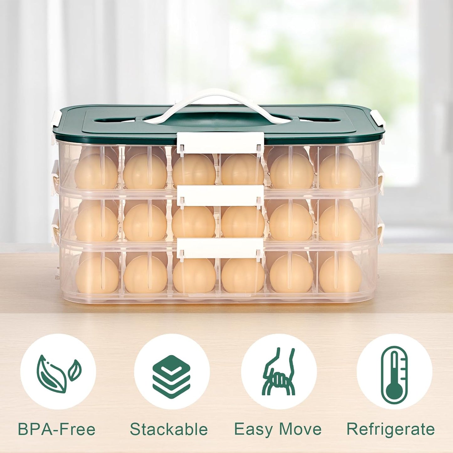 BTSKY Deviled Egg Platter with Lid, 3-Layer 54 Slots Deviled Eggs Carrier, Clear Portable Egg Holder for Fridge Reusable Deviled Eggs Tray Carton Box for Easter and Party Favor (3-Layer, Orange)