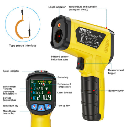 Infrared Thermometer Gun, Non Contact Digital Laser Thermometer Temperature Gun with Color LCD for Cooking, Home Repairs, Humidity Measurement, Adjustable Emissivity -58°F to 1472°F(-50~800°C)