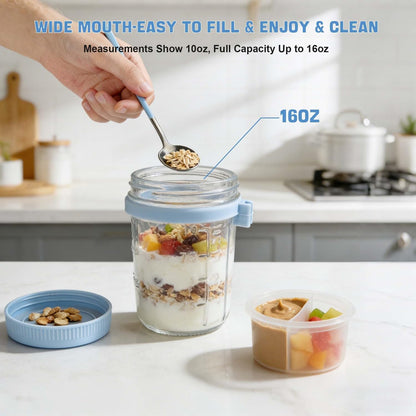 Overnight Oats Containers with Lids and Spoons - 4 Pack 16 oz Glass Mason Jars with Separate Compartments Airtight Overnight Oat Jars Leakproof Yogurt Parfait Cup for Oatmeal Chia Pudding Cereal Salad