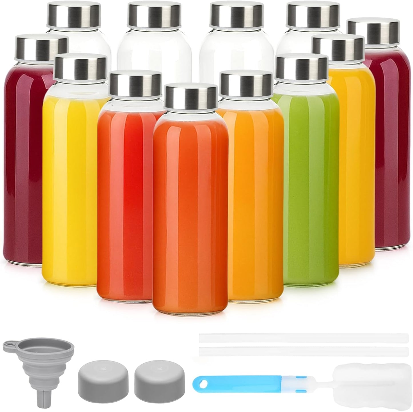 Glass Juice Bottles with Lids 10 oz, 6 Pack Reusable Small Glass Bottles with Stainless Steel Caps & Straws, BPA-Free Leak proof Juice Bottle Containers for Juicing, Milk, Smoothies & Fridge