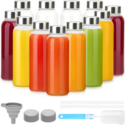 Glass Juice Bottles with Lids 10 oz, 6 Pack Reusable Small Glass Bottles with Stainless Steel Caps & Straws, BPA-Free Leak proof Juice Bottle Containers for Juicing, Milk, Smoothies & Fridge