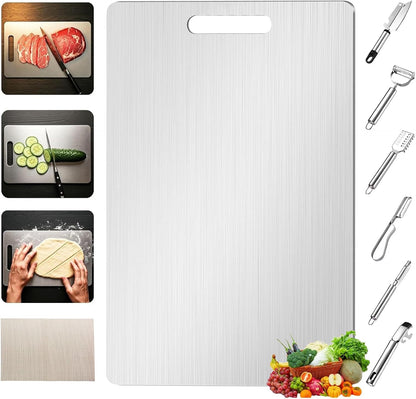 New Upgraded Titanium Cutting Board, Stainless Steel Cutting Boards For Kitche, Dishwasher Safe Double-sided Chopping Board with Peeler and Anti-slip Mat(18"L x 12"W)