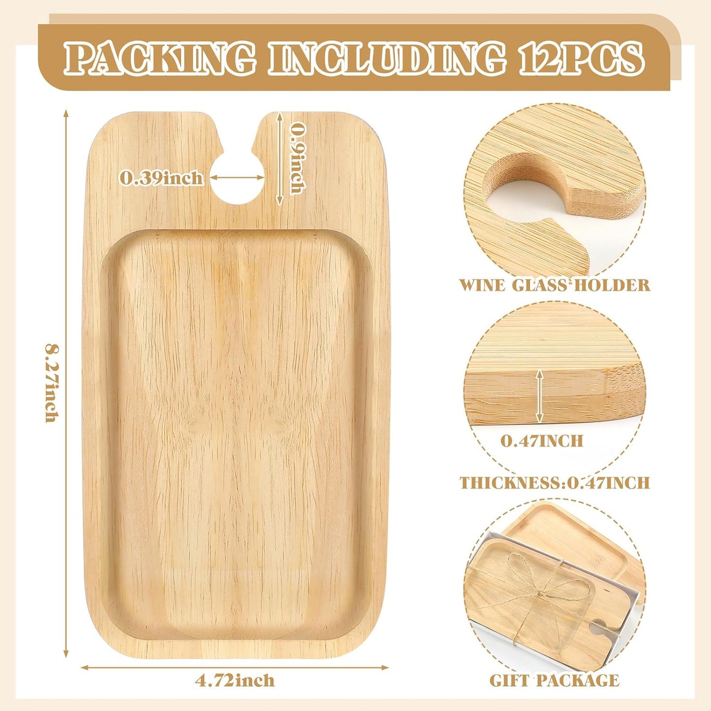 Menkxi 12 Set Wine Appetizer Plates Mini Charcuterie Boards with Wine Glass Holder and Box Gifts for Bridal Shower Game Prizes Wooden Cocktail Cheese Plate for Guests Baby Shower(Heart,Light Color)