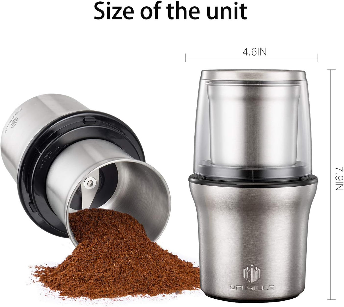 DR MILLS DM-7412M Stainless Steel Electric Dried Spice and Coffee Grinder,2 in 1 Wet and Dry, Detachable Cups, Dishwasher Safe