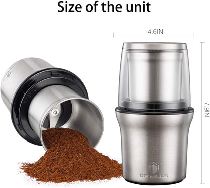 DR MILLS DM-7412M Stainless Steel Electric Dried Spice and Coffee Grinder,2 in 1 Wet and Dry, Detachable Cups, Dishwasher Safe