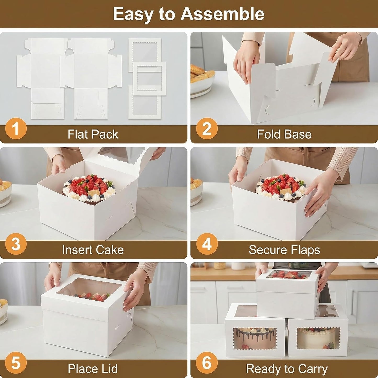3 Pack 10x10x5 Inch White Cake Boxes with Window and Lids – Disposable Bakery Boxes for Cakes, Donuts, Pies, Cookies – No Cake Boards Included – Birthday, Wedding, Party Supplies