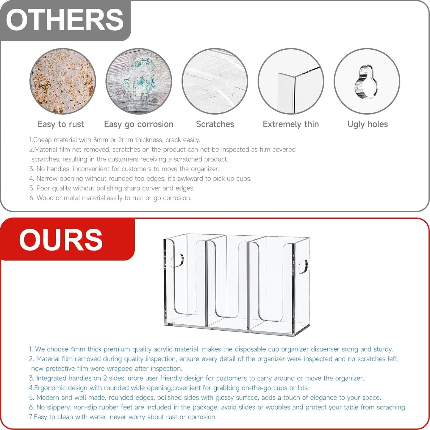 WINFFOR Disposable Cup Organizer Dispenser - 2 Compartments Clear Acrylic Cup and Lid Holder with Handles Plastic Cup Dispenser Countertop Paper Cup Holder for Coffee Bar House Party Essentials