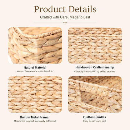 YAHUAN Pantry Basket, Water Hyacinth Storage Basket with Handles Shallow Basket for Organizing, Shelves, Pantry Organizers and Storage, 15.35"L x 11.8"W x 4.72"H (Brown)