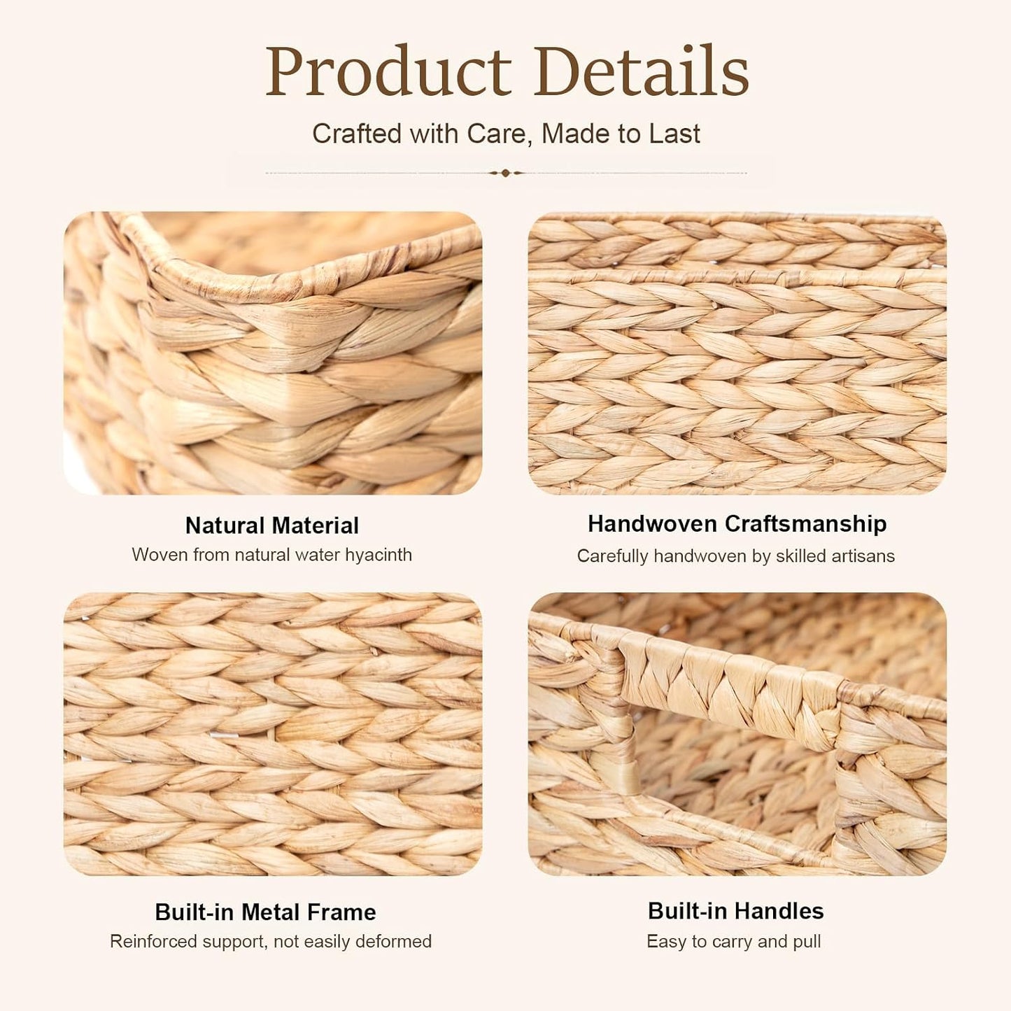 YAHUAN Pantry Basket, Water Hyacinth Storage Basket with Handles Shallow Basket for Organizing, Shelves, Pantry Organizers and Storage, 15.35"L x 11.8"W x 4.72"H (Brown)
