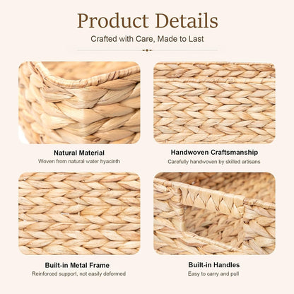 YAHUAN Pantry Basket, Water Hyacinth Storage Basket with Handles Shallow Basket for Organizing, Shelves, Pantry Organizers and Storage, 15.35"L x 11.8"W x 4.72"H (Brown)