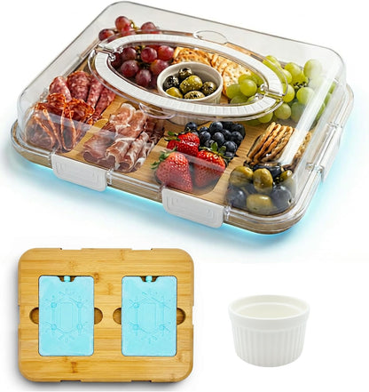 Charcuterie Board with Lid & Ice, Upgraded 6 Snap Laches, Sauce Cup Included, Large Portable Cheese Tray with Handle, Serving Tray for Picnic & Pool, House Warming Gifts New Home (Black)