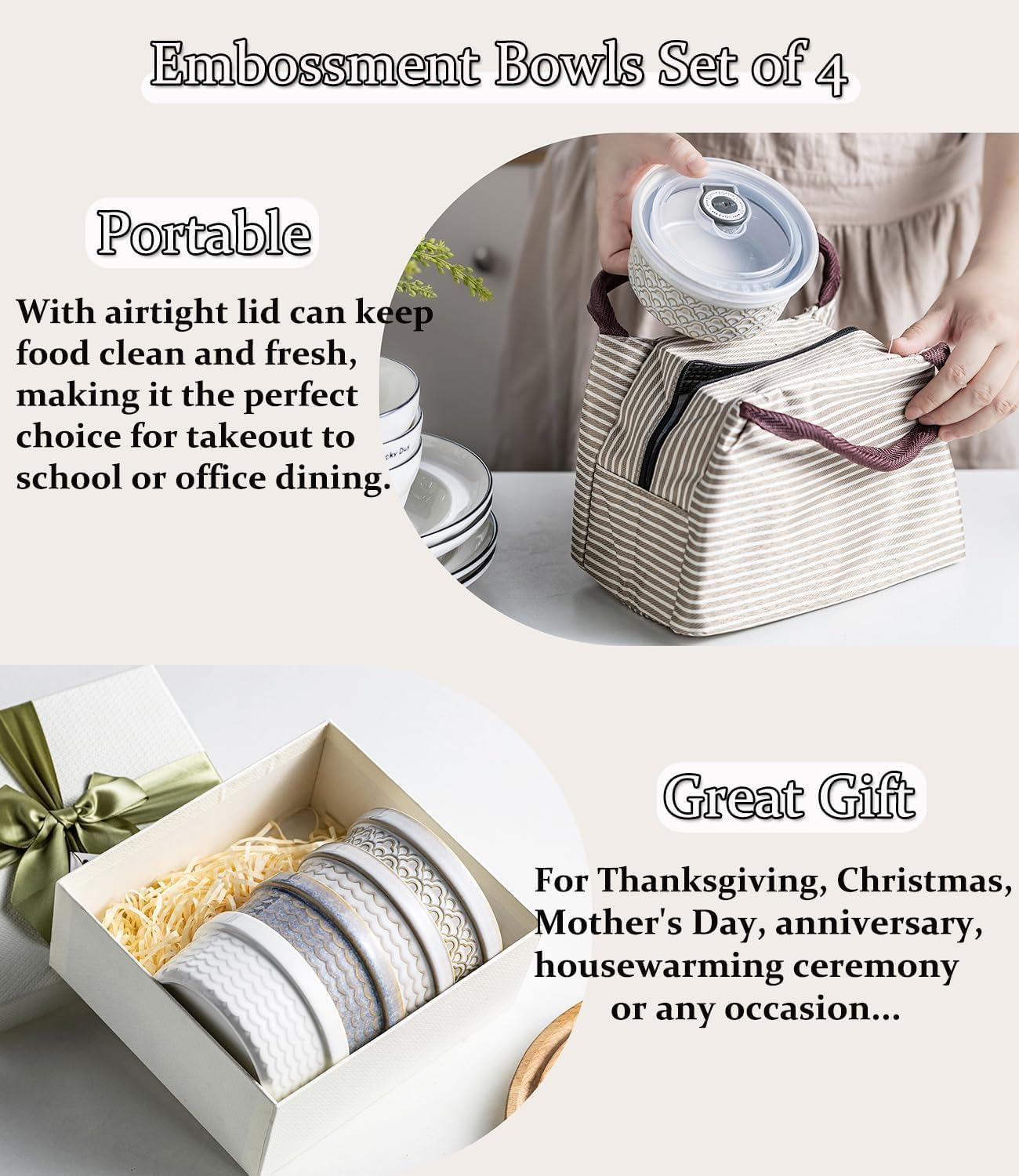 Airtight Food Storage Containers with Lids Mixing Bowls Set, Ceramic Serving Bowls with Lids Set of 4, 12/16/28/40 oz Stackable Nesting Salad Bowls for Cooking, Baking, Ramen - Beige