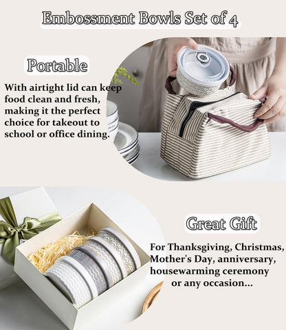 Airtight Food Storage Containers with Lids Mixing Bowls Set, Ceramic Serving Bowls with Lids Set of 4, 12/16/28/40 oz Stackable Nesting Salad Bowls for Cooking, Baking, Ramen - Beige