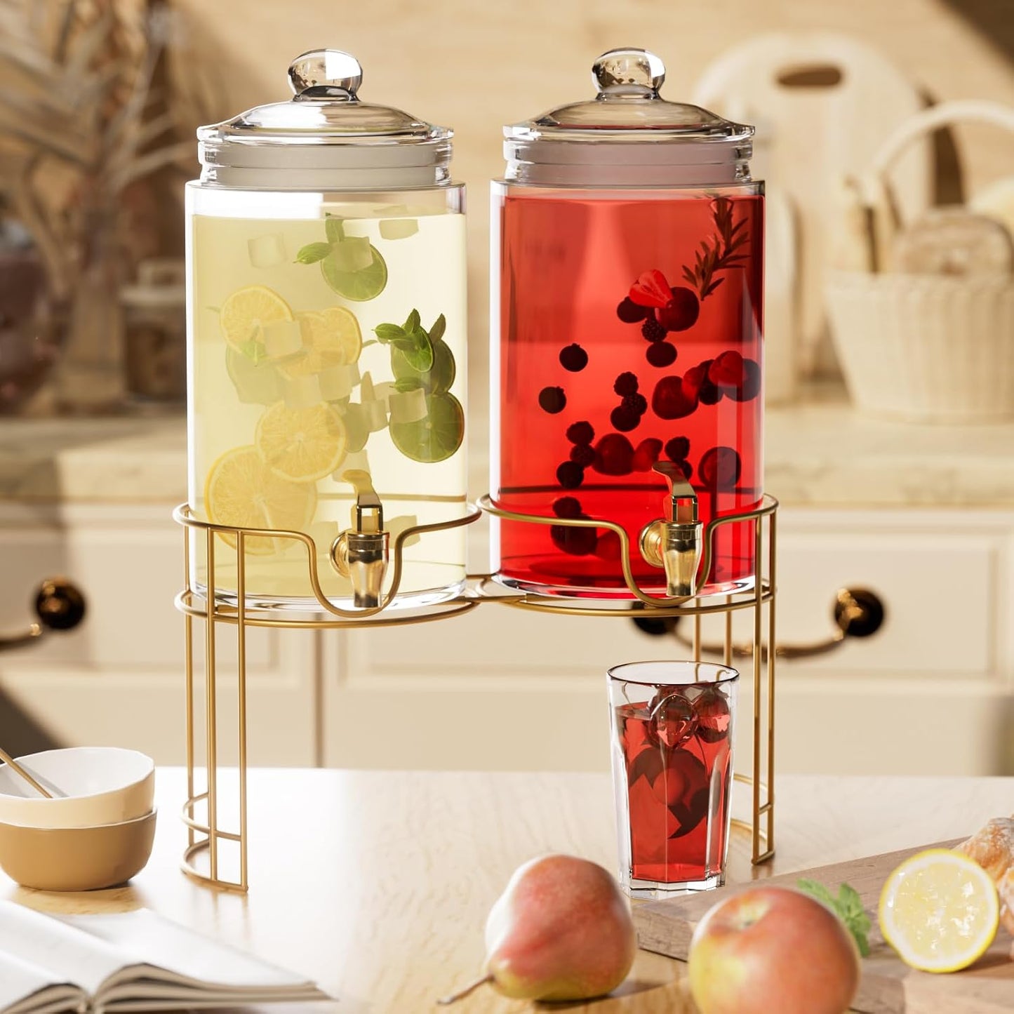 Glass Drink Dispensers For Parties, 2 PACK 1 Gallon Beverage Dispenser With Stand And Spigot Leak proof. Lemonade Dispenser With Ice Cylinder and Chalk board