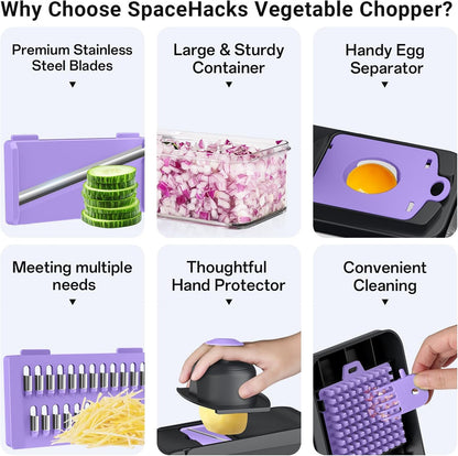 SpaceHacks 12-in-1 Vegetable Chopper, Kitchen Gadgets with 7 Blades, Veggie, Food, Onion Chopper, Cucumber Slicer, Versatile Mandoline, Includes Egg Separator & Finger Guard, Gray