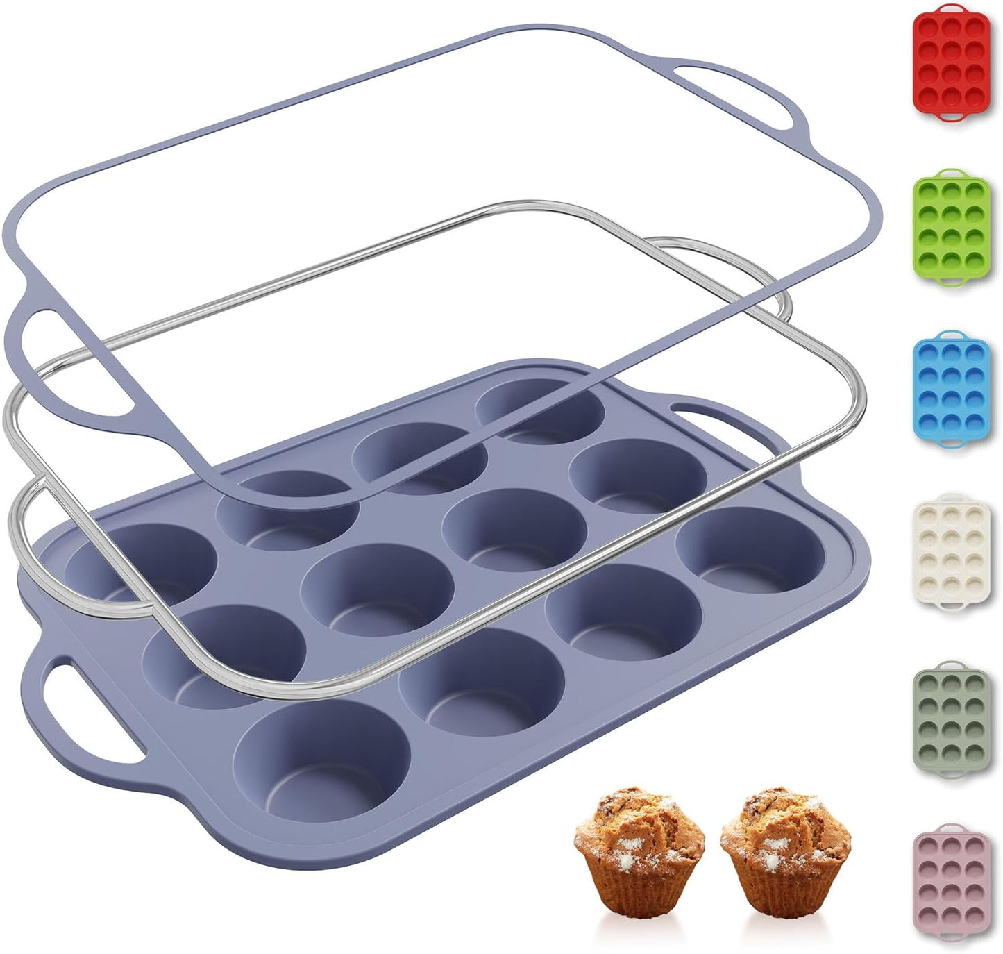2 Packs 12 Cups Silicone Muffin Pan for Baking with Metal Reinforced Frame Regular Size Cupcake Pan Tray Egg Bites Silicone Cookie Molds Muffin Tin Tart Pans Sheet Set for Oven Dishwasher Safe