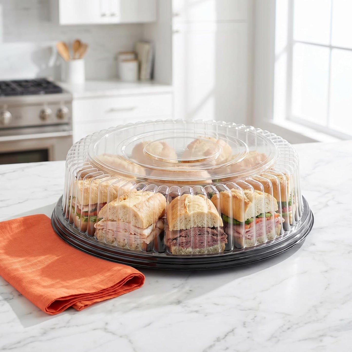 Frcctre 12 Pack 12 Inch Plastic Serving Tray with Lid, Disposable Plastic Food Serving Platters with Clear Dome Lids, Stackable Round Trays for Party, Takeout Food, Catering, Picnic
