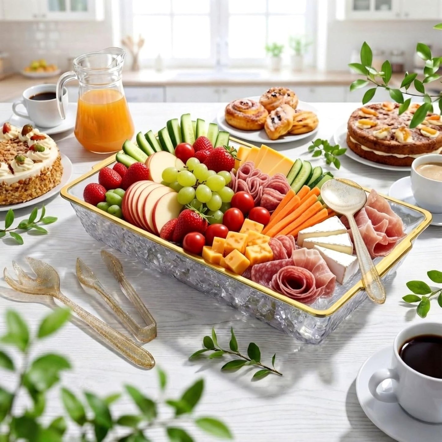 Baderke 16" x 9" Chilled Serving Tray for Parties with Compartments Ice Chilled Party Crudite Platter Charcuterie Serving Board Cold Dish Dip with Tableware for Seafood Vegetable(Silver Glitter)