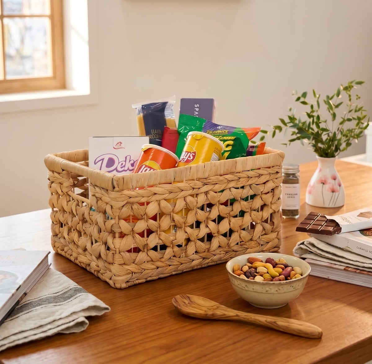 NAYA 11.6" Water Hyacinth Medium Wicker Shelf Basket – Storage Bin | Handwoven water hyacinth shelf basket with sturdy handles for pantry, towels and everyday home organization.
