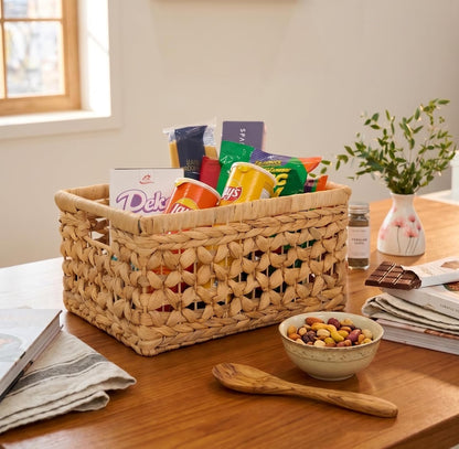 NAYA 11.6" Water Hyacinth Medium Wicker Shelf Basket – Storage Bin | Handwoven water hyacinth shelf basket with sturdy handles for pantry, towels and everyday home organization.