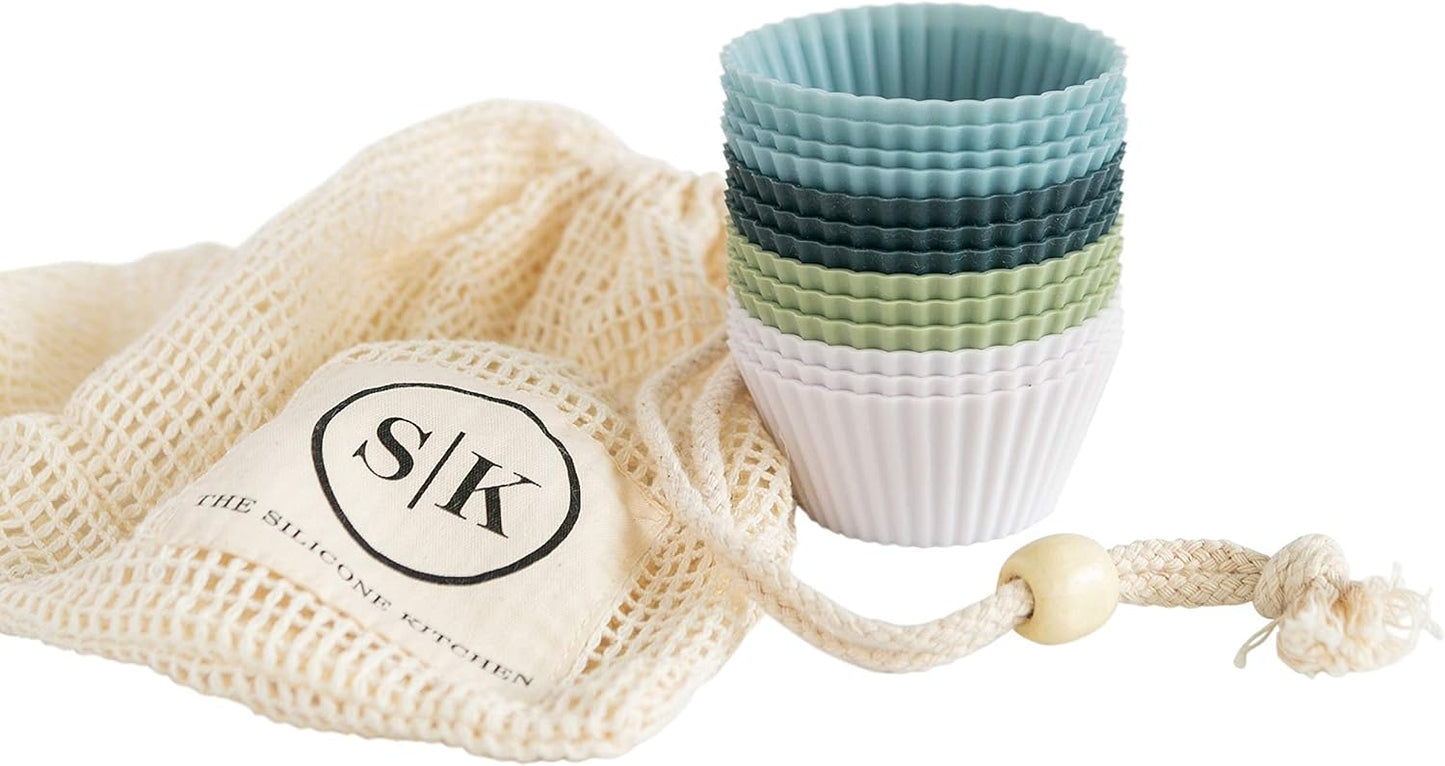 The Silicone Kitchen Reusable Mini Silicone Baking Cup, Non-Toxic, BPA Free, Dishwasher Safe, Mini, 24 Pack, White Blue Green