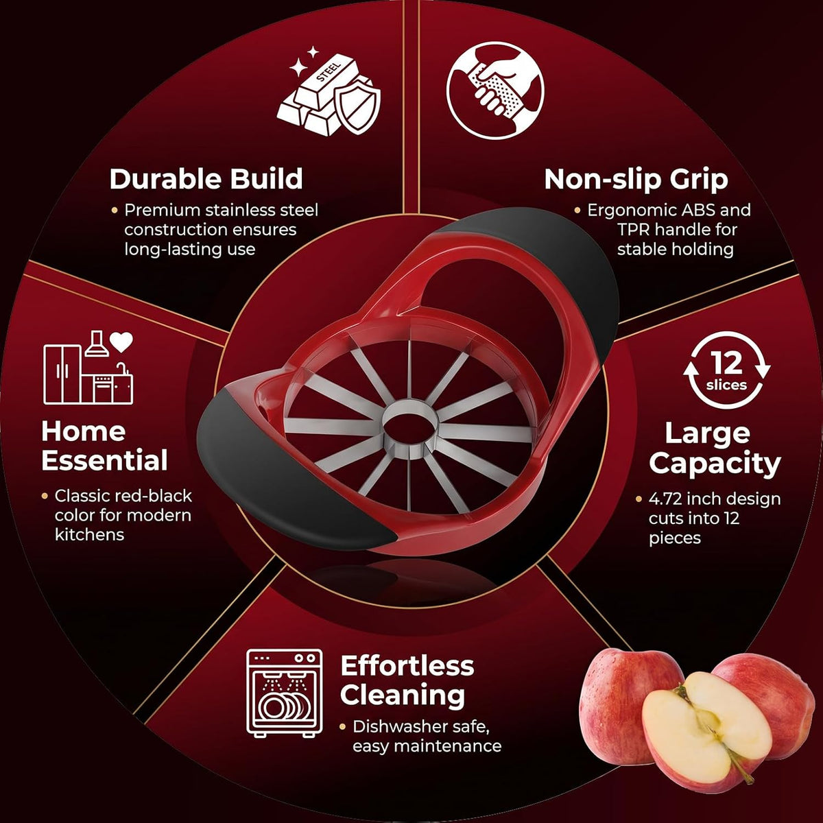 Premium Apple Slicer, Heavy Duty Corer Cutter for Apples - Stainless Steel Fruit Slicer, 4.72 Inch 12 Ultra-Sharp Blades, Non-Slip Handle Lightweight Apple Cutting Gadget