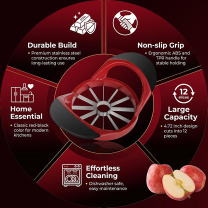 Premium Apple Slicer, Heavy Duty Corer Cutter for Apples - Stainless Steel Fruit Slicer, 4.72 Inch 12 Ultra-Sharp Blades, Non-Slip Handle Lightweight Apple Cutting Gadget