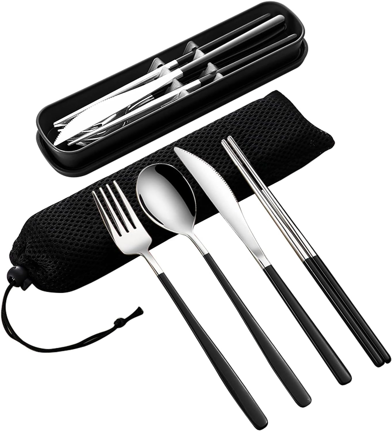 VANRA 4-Piece Portable Travel Utensils Set with Case 18/8 Stainless Steel Flatware Set Reusable Cutlery Set with Fork Spoon Knife Chopstick for Lunch Travel Camping School Work Picnic (Pink)