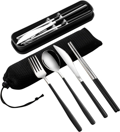 VANRA 4-Piece Portable Travel Utensils Set with Case 18/8 Stainless Steel Flatware Set Reusable Cutlery Set with Fork Spoon Knife Chopstick for Lunch Travel Camping School Work Picnic (Pink)