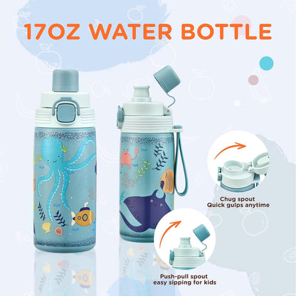 MAISON HUIS Bento Box for Kids with 8oz Soup Thermo, Insulated Lunch Bag & 17oz Water Bottle, 2-Compartment Bento Box with Built-In Ice Pack, Leak-Proof & BPA-Free