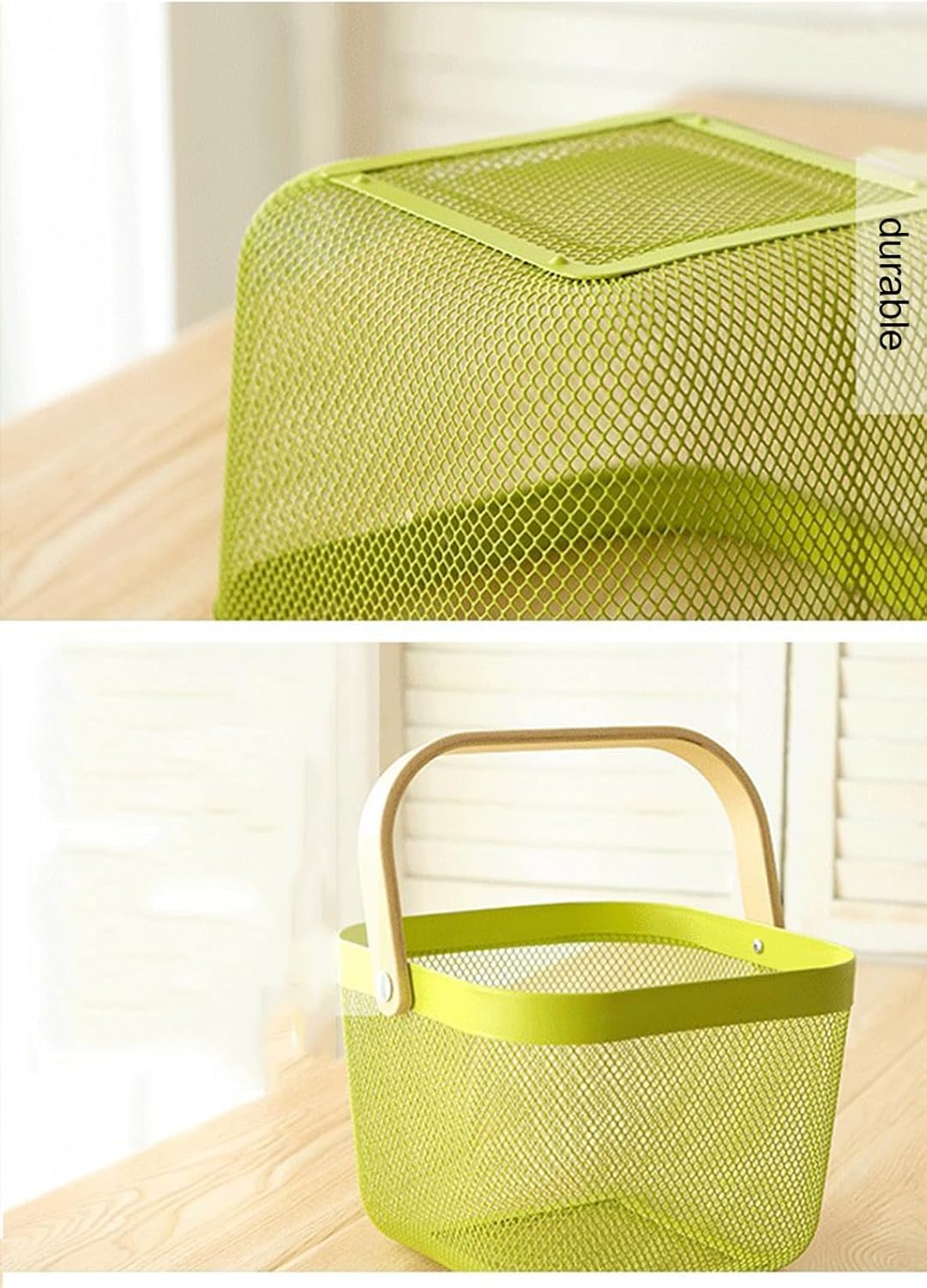 AJIODA Metal Mesh Steel Basket, Storage Organizer Basket Multi-functional Hanging Kitchen Baskets Fruit Basket Bin with Bamboo Handle for Kitchen Bathroom Picnic Shopping Decor Cabinet Home, Blue