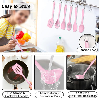 TeamFar Silicone Cooking Utensil Set of 7, Black Kitchen Nonstick Tools Turner Spoon Spatula Ladle Pasta Server for Nonstick Cookware, Healthy & One-Piece, Anti-Heat & Dishwasher Safe