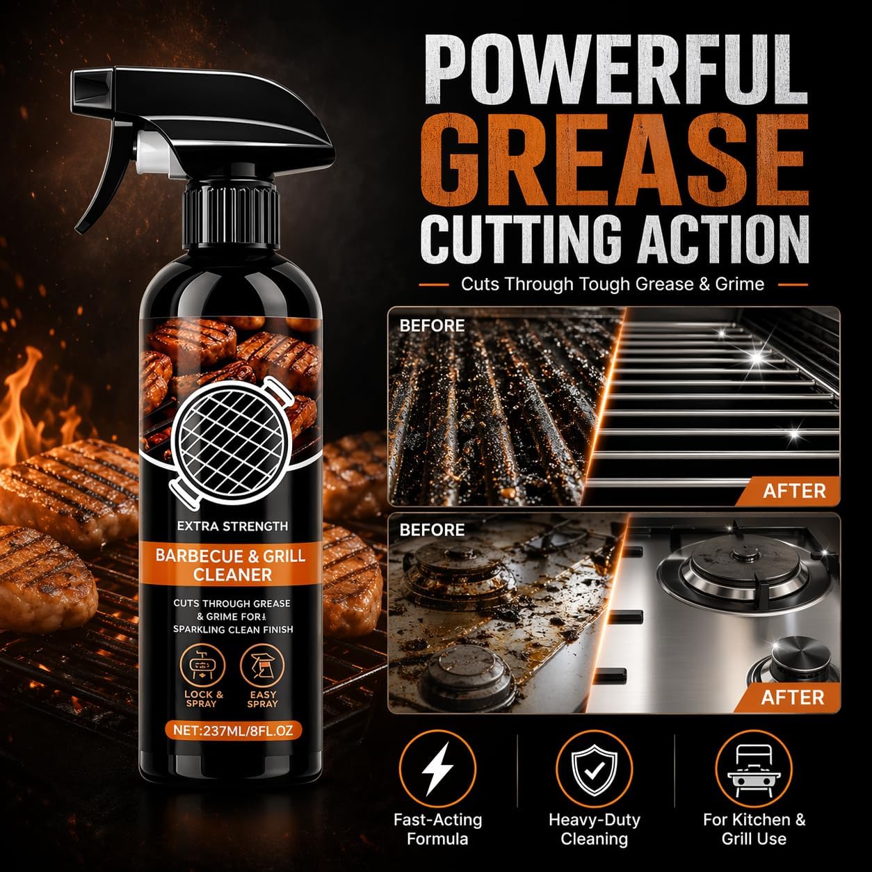 Kitchen Heavy Oil Cleaner Spray, Fast-Acting Heavy Duty Degreaser for Ovens, Stovetops, Countertops, Appliances, BBQ Grills, Grates and Racks (1PCS)