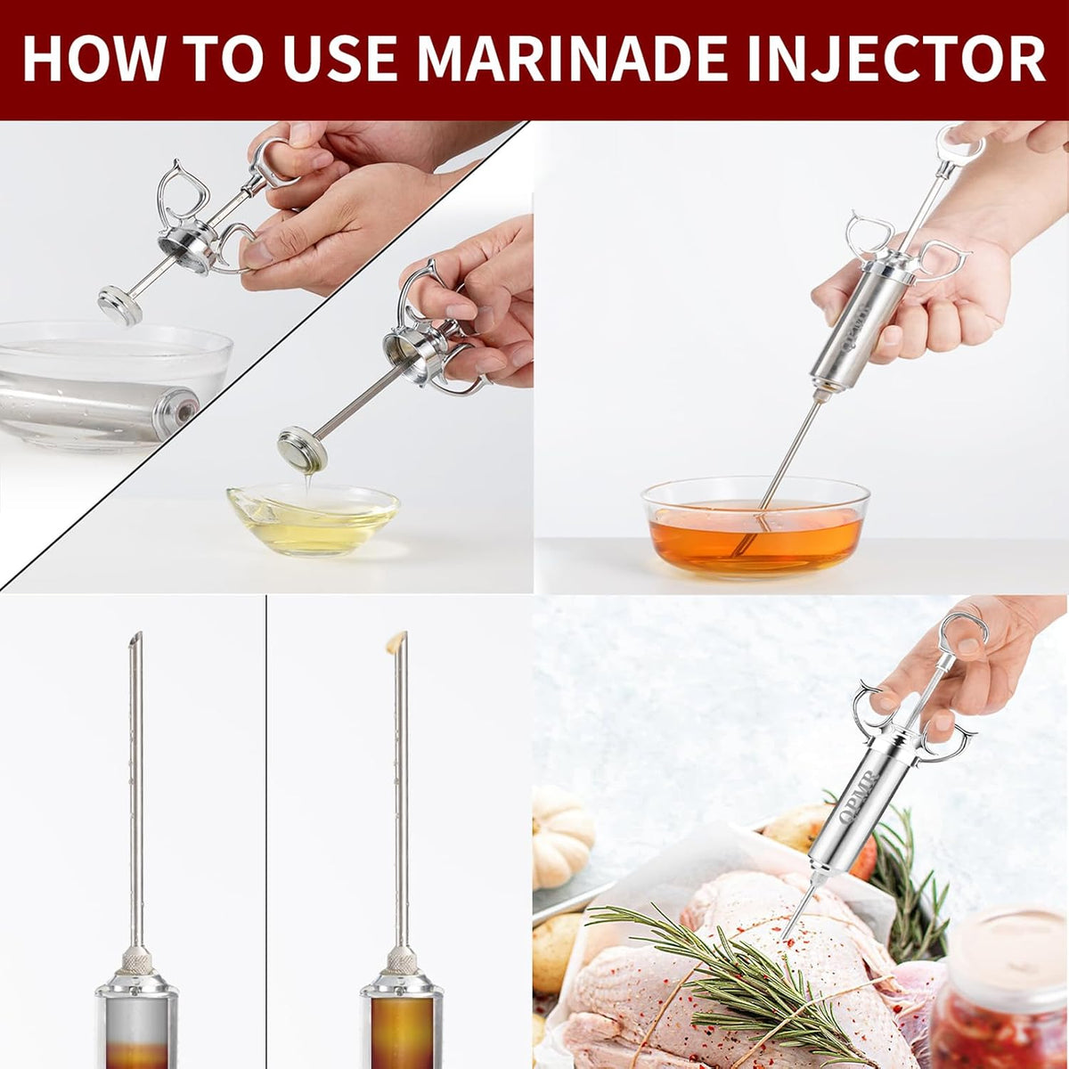 QPMR Meat Injector Syringe Kit, 2-oz Large Capacity Marinade Turkey Injector with 3pcs Stainless Steel Marinade Injector Needles for BBQ Grill Smoker & Turkey & Brisket