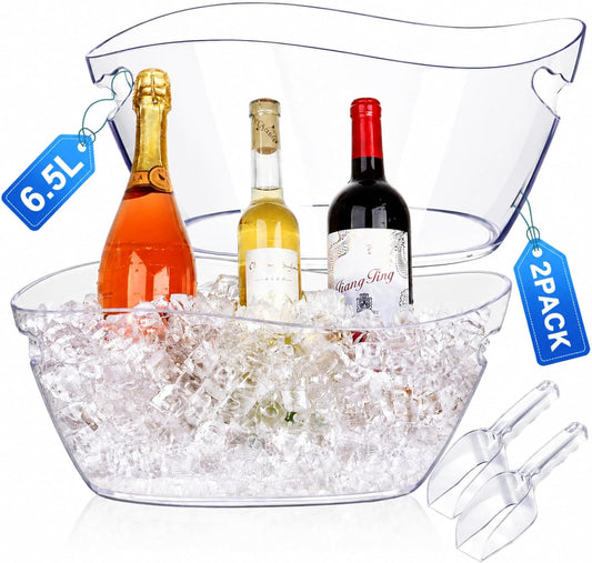 Ice Buckets for Parties, 6.5L Beverage Tub 2pcs Christmas Mimosa Bar Clear Acrylic Champagne Bucket with Scoops, Drink Bucket Tub for Cocktail Bar, Upgraded 6.5 Liter Wine Beer Cooler Bucket Kit
