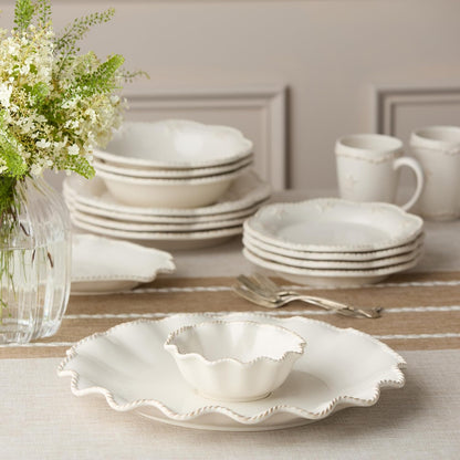 Heritage Ivory Stoneware Chip & Dip Set, 2-Piece – 15” Scalloped Serving Platter with 6” Dip Bowl (14oz) – Elegant Ripple-Edge Design for Entertaining, Snacks, & Appetizers