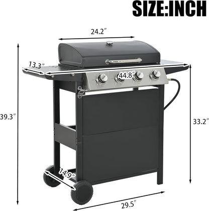 3-Burner Propane Gas Grill, 30,000 BTU Stainless Steel Outdoor BBQ Grill with Lid, Side Shelves & Wheels for Patio, Garden and Backyard Cooking