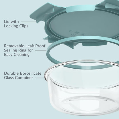 Bentgo Glass Leak-Proof Food Storage Set - 4-Piece Glass Containers with BPA-Free Airtight Lids, Reusable & Durable for Leftovers & Meal Prep - Microwave, Freezer, Oven & Dishwasher Safe (Soft Aqua)