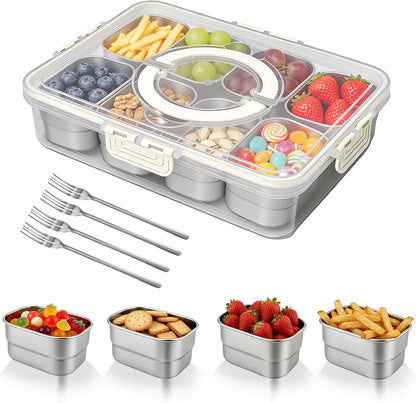 WanshengLe 6 in 1 Snackle Box 3.82L with Lid & Handle, 4 PCS Stainless Steel Snack Box and 2 PCS Plastic Box, 6 Detachable & Dishwasher Safe Snacklebox, Divided Container Box for Snack Fruit Nut