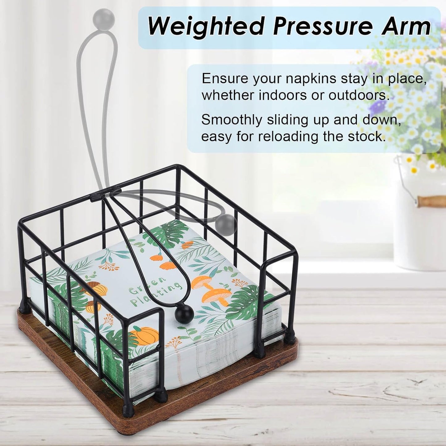 Napkin Holder for Table, Metal Napkin Holder Dispenser with Salt and Pepper Shakers Storage, 3-in-1 Utensil Holder Spice Rack for Kitchen Dining Table Buffet Patio Camping (Black)