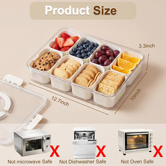 Chilled Snackle Box Container with Ice Pack, Divided Serving Tray with Lid & Handle Portable Snack Tackle Box Container with Insulated Bag 8 Compartment Clear Snacklebox for Beach Road Trip Picnic