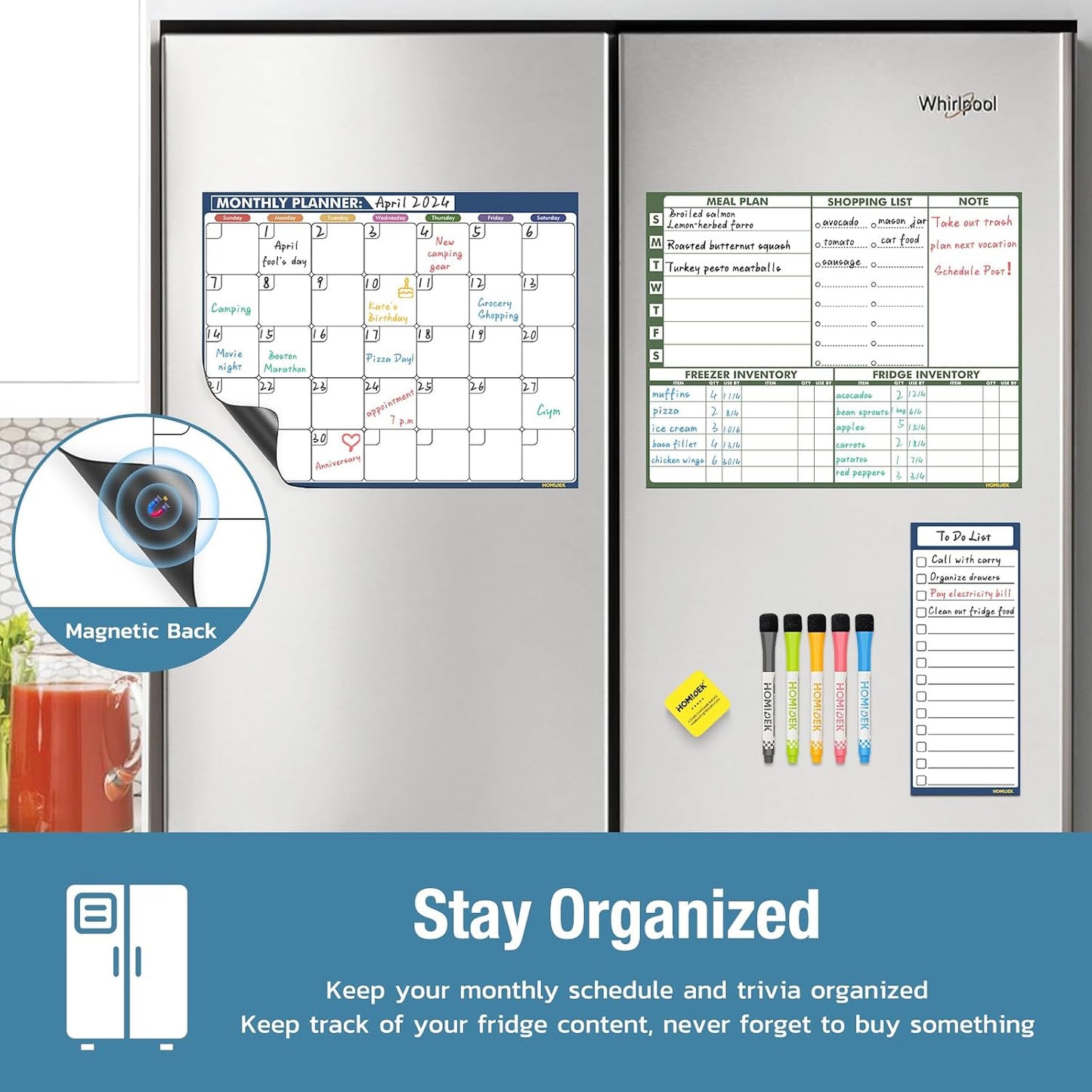 Magnetic Meal Planner Menu Board: Reusable Dry Erase Family Planning Board with Grocery List & Fridge Freezer Inventory List for Refrigerator, Dry Erase Markers and Eraser Included - 14x11 Inches
