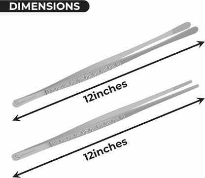GMI Kitchen Tweezers Tongs 2PCS 12 Inch – Stainless Steel Cooking Tweezers with Serrated Tips, Precision Chef Tongs for BBQ, Grill, Pasta, Salad & Food Plating