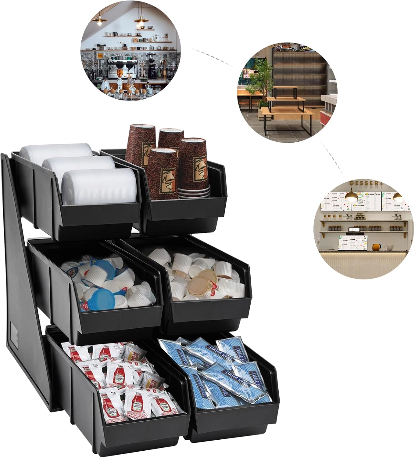 Serve Condiment Bin, Plastic Containers Storage Bins, Condiment Organizer, 3 Tier 6 Compartments Plastic Storage Bins Coffee Bar Beverage Station