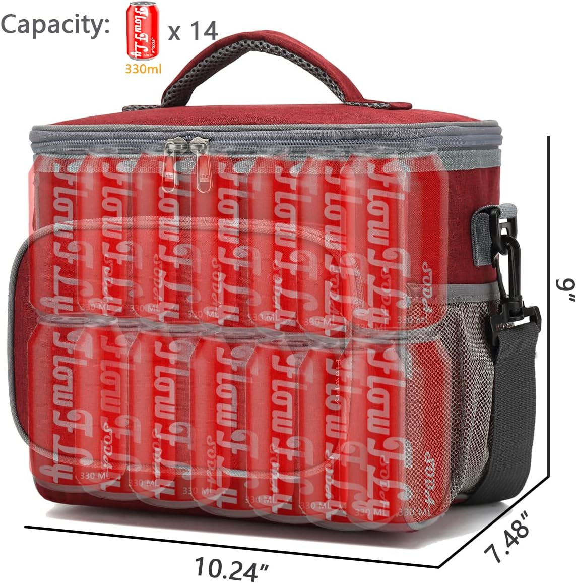 FlowFly Insulated Reusable Lunch Bag Adult Large Lunch Box for Women and Men with Adjustable Shoulder Strap,Front Zipper Pocket and Dual Large Mesh Side Pockets,Cherry - Colors A