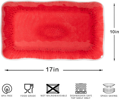 Melamine Serving Platters, set of 2, 17" x 10" Large Reusable BPA Free Rectangular Party Tray/Platters for Serving Appetizers, Fruits On Christmas and all Occasions,Red