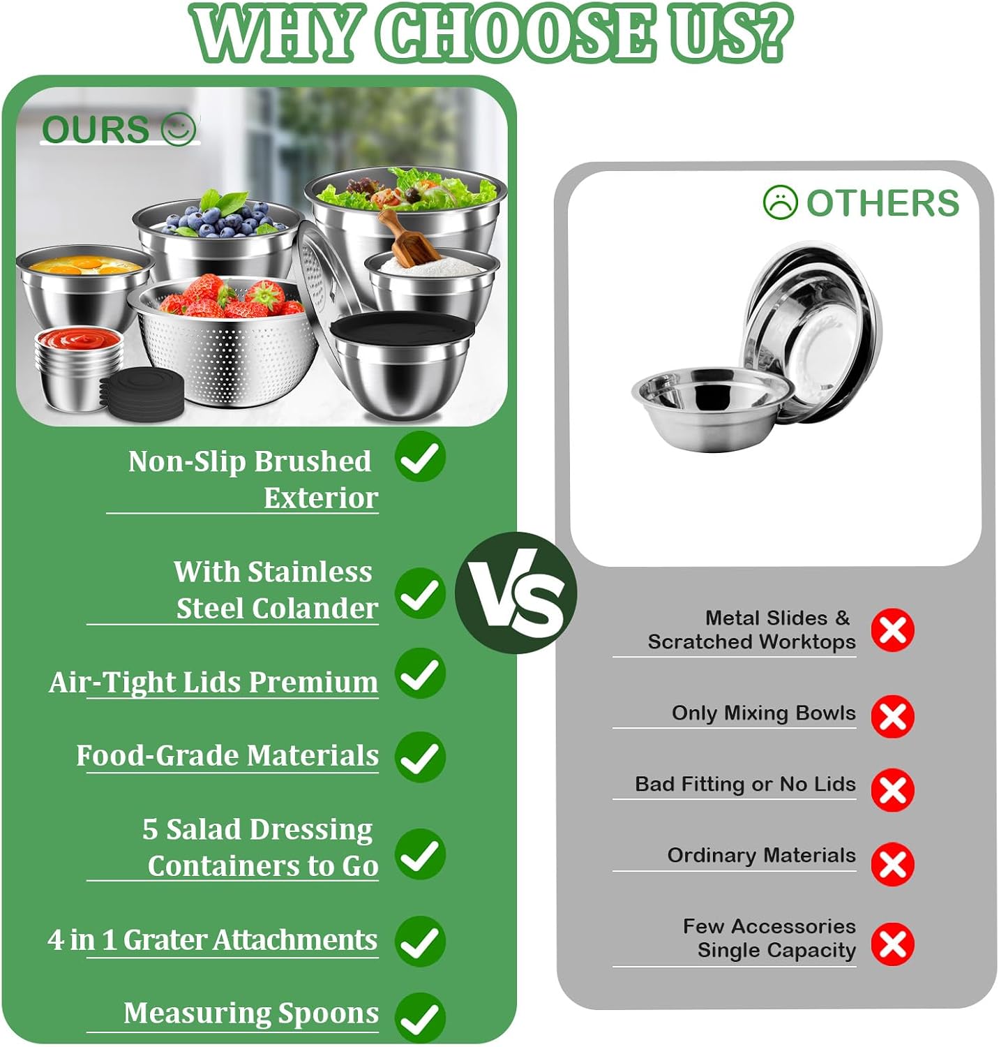 Mixing Bowls with Lids Set, 16PCS Stainless Steel Mixing Bowls,Nesting Storage Bowls for Kitchen with Mixing Bowls Set, Colander, Strainer & Grater , Metal Salad Bowl for Kitchen Gadgets , Cream