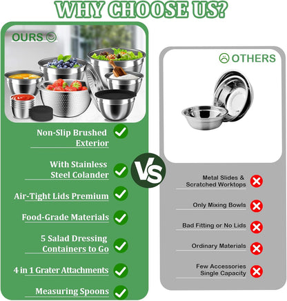 Mixing Bowls with Lids Set, 16PCS Stainless Steel Mixing Bowls,Nesting Storage Bowls for Kitchen with Mixing Bowls Set, Colander, Strainer & Grater , Metal Salad Bowl for Kitchen Gadgets , Cream