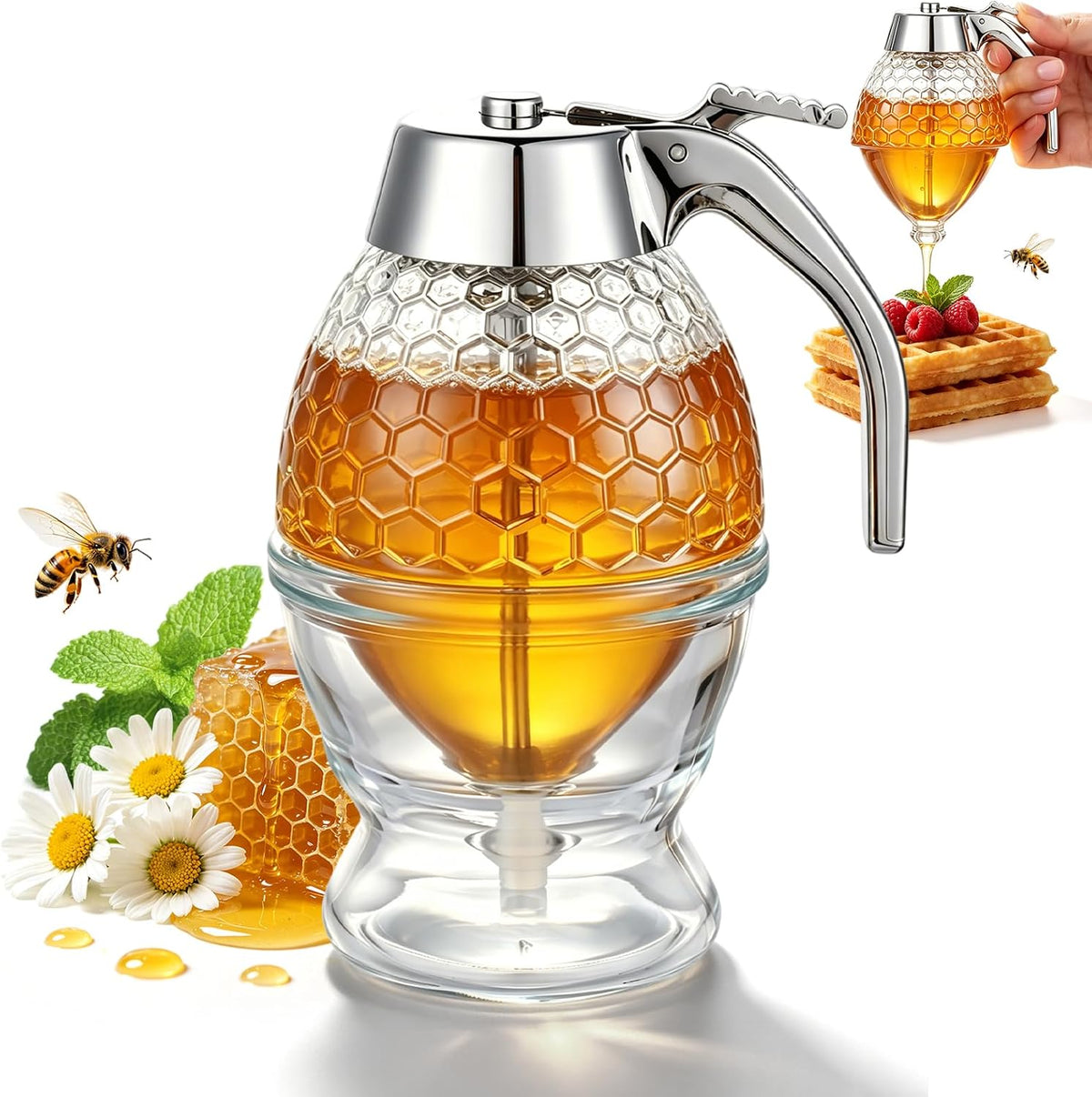 Glass Honey Dispenser 8 Ounces - Drip-Free Honey Jar With Glass Stand, Kitchen Leak-Proof Syrup Dispenser, Elegant Honeycomb Design For Storing Honey, Maple Syrup And Coffee Syrup